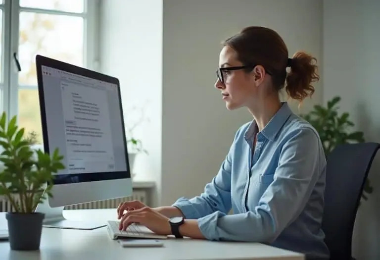 Une femme concentrée travaille sur un ordinateur dans un bureau lumineux, créant un ambiance de productivité et de professionnalisme avec un environnement moderne et épuré.