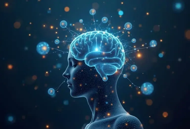 Une illustration numérique représentant un cerveau humain connecté à des neurones, symbolisant la stimulation cérébrale et la neuroplasticité.