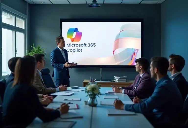 Présentation de Microsoft 365 Copilot lors d'une formation ou réunion professionnelle avec équipe.