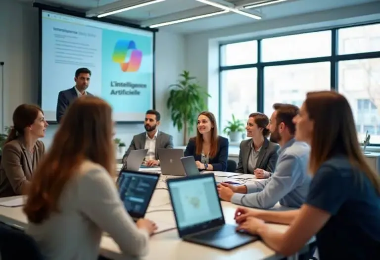 Panneau de présentation sur l'intelligence artificielle lors d'une réunion professionnelle.