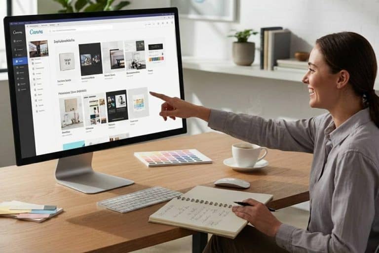 Image montrant une femme travaillant sur un logiciel de design graphique à son bureau.